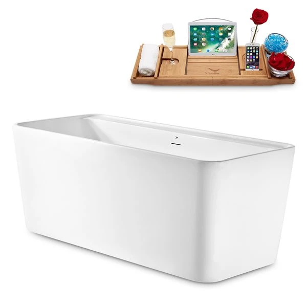 Streamline 27.6-in W X 59.1-in L White/Brushed Gunmetal Acrylic Rectangular Center Drain Freestanding Bathtub With Tray - Image 3