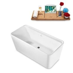 Streamline 27.6-in W X 59.1-in L White/Brushed Gunmetal Acrylic Rectangular Center Drain Freestanding Bathtub With Tray