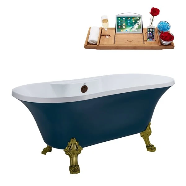 Streamline 32-in W X 60-in L Acrylic Matte Oil-Rubbed Bronze/Blue Oval Center Drain Clawfoot Bathtub With Tray - Image 5