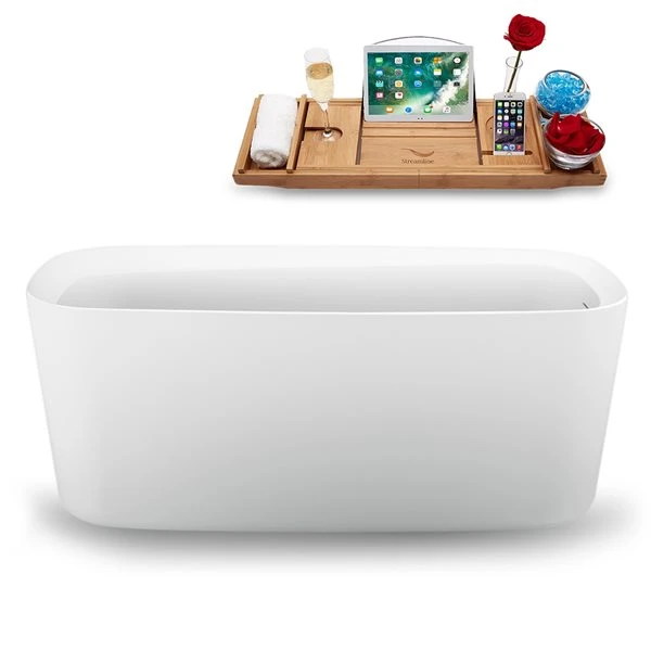 Streamline 28.3-in W X 59.1-in L Oval Brushed Gold/White Acrylic Reversible Drain Freestanding Bathtub With Tray