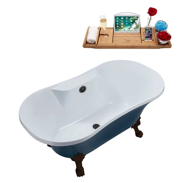 Streamline 32-in W X 60-in L Blue And Brushed Gunmetal Acrylic Oval Center Drain Clawfoot Bathtub With Tray - Image 3