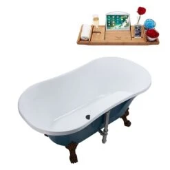 Streamline 32-in W X 60-in L Blue And Brushed Gunmetal Acrylic Oval Center Drain Clawfoot Bathtub With Tray