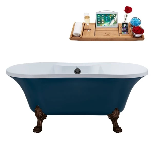 Streamline 32-in W X 60-in L Blue And Brushed Gunmetal Acrylic Oval Center Drain Clawfoot Bathtub With Tray - Image 2