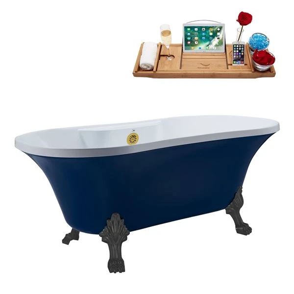 Streamline 32-in W X 60-in L Blue/Polished Gold Acrylic Oval Center Drain Clawfoot Bathtub With Tray - Image 5