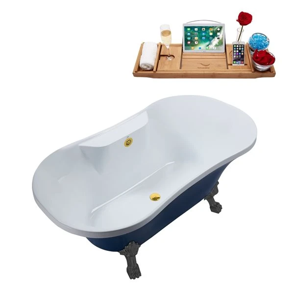 Streamline 32-in W X 60-in L Blue/Polished Gold Acrylic Oval Center Drain Clawfoot Bathtub With Tray