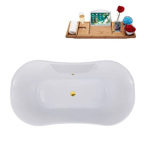Streamline 32-in W X 60-in L Blue/Polished Gold Acrylic Oval Center Drain Clawfoot Bathtub With Tray - Image 2