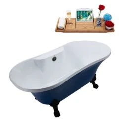 Streamline 32-in W X 60-in L Acrylic Oval Blue/Brushed Gunmetal Center Drain Clawfoot Bathtub With Tray