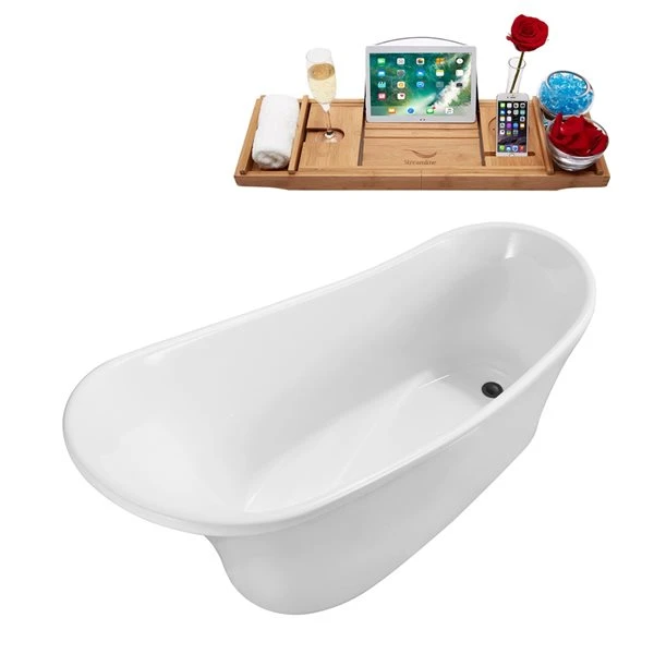 Streamline 30.7-in W X 66.9-in L Brushed Gunmetal/White Acrylic Oval Reversible Drain Freestanding Bathtub With Tray - Image 5