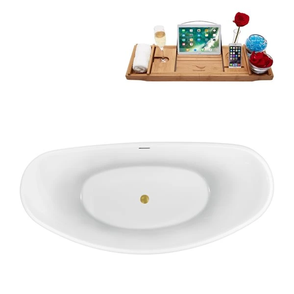 Streamline 35.4-in W X 74.8-in L White/Brushed Gold Acrylic Oval Center Drain Freestanding Bathtub With Tray - Image 3