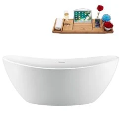 Streamline 35.4-in W X 74.8-in L White/Brushed Gold Acrylic Oval Center Drain Freestanding Bathtub With Tray