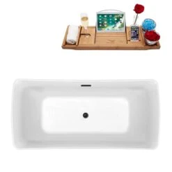 Streamline 30.7-in W X 66.9-in L White/Brushed Gunmetal Acrylic Rectangular Center Drain Freestanding Bathtub With Tray