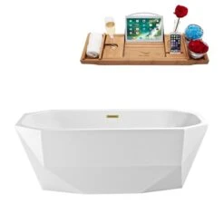 Streamline 30.7-in W X 66.9-in L Brushed Gold/White Acrylic Oval Center Drain Freestanding Bathtub With Tray