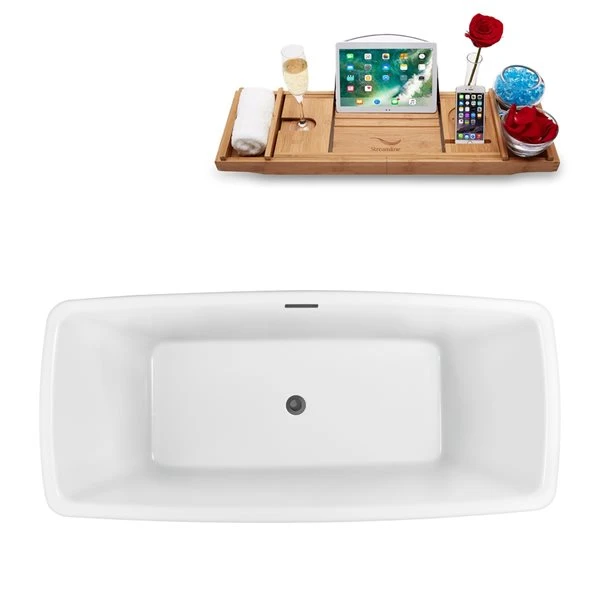 Streamline 28.3-in W X 59.1-in L Brushed Gunmetal/White Rectangular Center Drain Freestanding Bathtub With Tray - Image 4