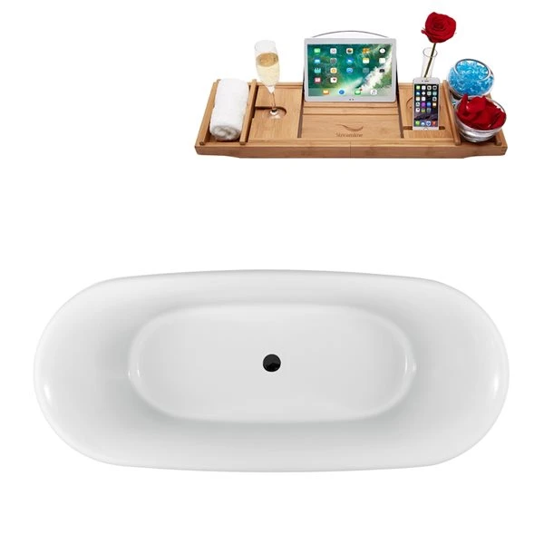Streamline 28.3-in W X 59.1-in L Matte Black/White Acrylic Oval Center Drain Clawfoot Bathtub With Tray - Image 3