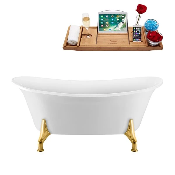 Streamline 28.3-in W X 59.1-in L Brushed Gold/White Acrylic Oval Center Drain Clawfoot Bathtub With Tray