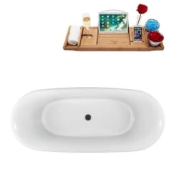 Streamline 28.3-in W X 59.1-in L Acrylic White/Brushed Gunmetal Oval Center Drain Clawfoot Bathtub With Tray