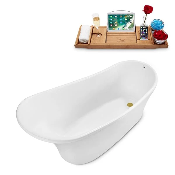 Streamline 28.3-in W X 59.1-in L Oval White/Brushed Gold Acrylic Reversible Drain Freestanding Bathtub With Tray - Image 5