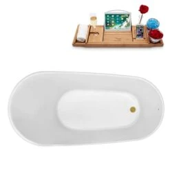 Streamline 28.3-in W X 59.1-in L Oval White/Brushed Gold Acrylic Reversible Drain Freestanding Bathtub With Tray