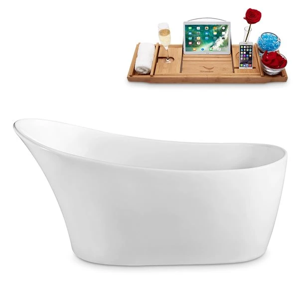 Streamline 28.3-in W X 59.1-in L Oval White/Brushed Gold Acrylic Reversible Drain Freestanding Bathtub With Tray - Image 2