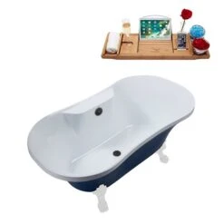 Streamline 32-in W X 60-in L Brushed Gunmetal/Blue Acrylic Oval Center Drain Clawfoot Bathtub With Tray