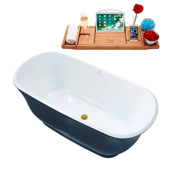 Streamline 28.3-in W X 59.1-in L Oval Brushed Gold/Blue Acrylic Center Drain Freestanding Bathtub With Tray - Image 2