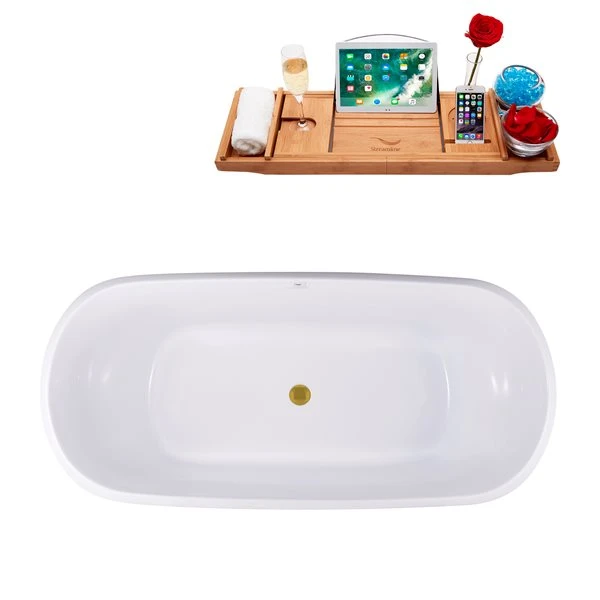 Streamline 28.3-in W X 59.1-in L Oval Brushed Gold/Blue Acrylic Center Drain Freestanding Bathtub With Tray - Image 3