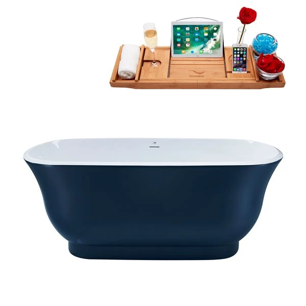 Streamline 28.3-in W X 59.1-in L Oval Brushed Gold/Blue Acrylic Center Drain Freestanding Bathtub With Tray - Image 4