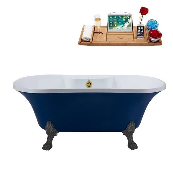 Streamline 32-in W X 60-in L Oval Acrylic Brushed Gold/Blue Center Drain Clawfoot Bathtub With Tray