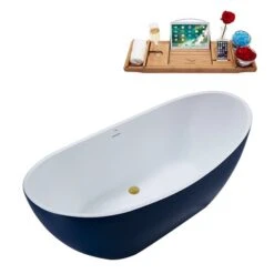 Streamline 28.3-in W X 62.2-in L Brushed Gold/Blue Acrylic Oval Center Drain Freestanding Bathtub With Tray