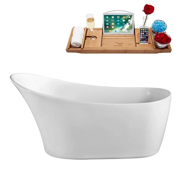 Streamline 28.3-in W X 59.1-in L White/Brushed Gold Acrylic Oval Reversible Drain Freestanding Bathtub With Tray - Image 3