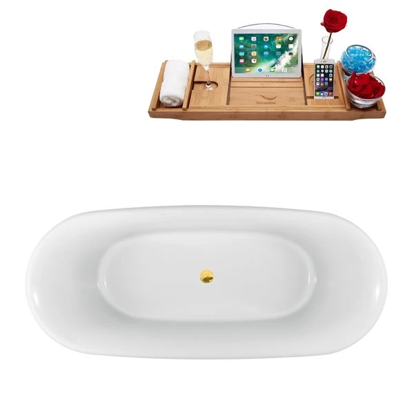 Streamline 28.3-in W X 59.1-in L White/Polished Gold Acrylic Oval Center Drain Clawfoot Bathtub With Tray - Image 4