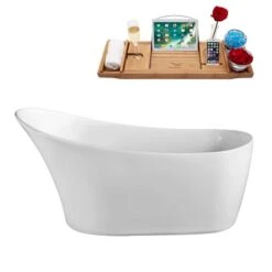 Streamline 29.5-in W X 63-in L White/Brushed Gold Acrylic Oval Reversible Drain Freestanding Bathtub With Tray
