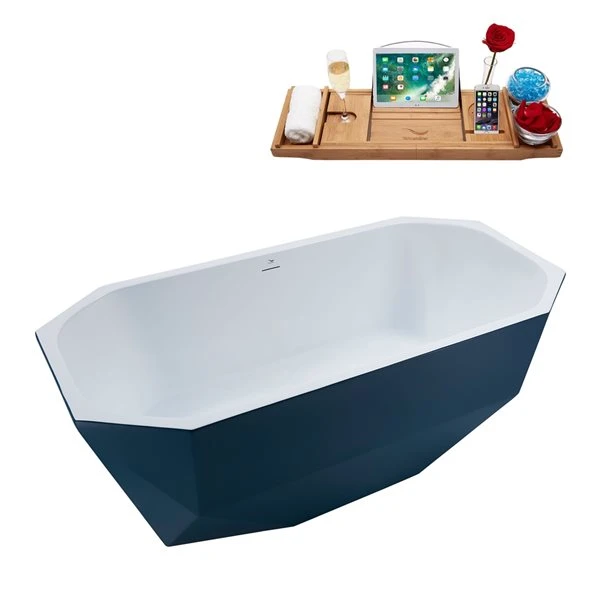 Streamline 28.7-in W X 63-in L Brushed Gunmetal/Blue Acrylic Oval Center Drain Freestanding Bathtub With Tray - Image 4