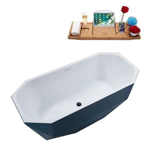 Streamline 28.7-in W X 63-in L Brushed Gunmetal/Blue Acrylic Oval Center Drain Freestanding Bathtub With Tray - Image 2