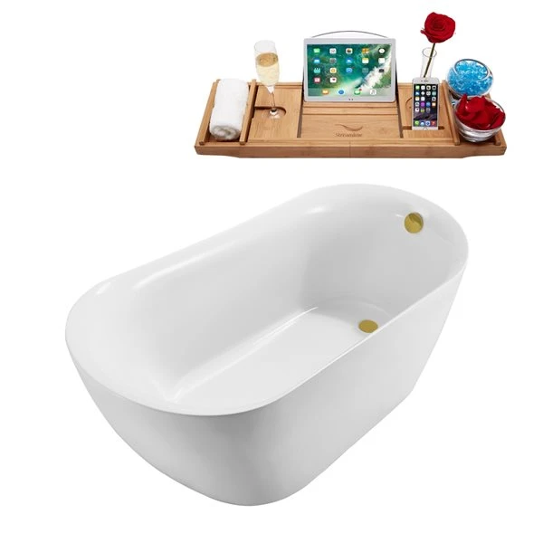 Streamline 30.7-in W X 66.9-in L Oval Brushed Gold/White Acrylic Reversible Drain Freestanding Bathtub With Tray - Image 4