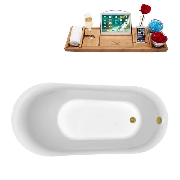 Streamline 30.7-in W X 66.9-in L Oval Brushed Gold/White Acrylic Reversible Drain Freestanding Bathtub With Tray