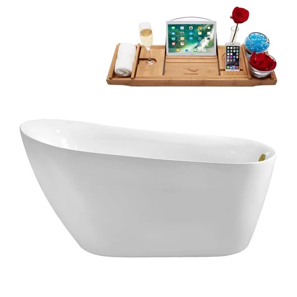 Streamline 30.7-in W X 66.9-in L Oval Brushed Gold/White Acrylic Reversible Drain Freestanding Bathtub With Tray - Image 2