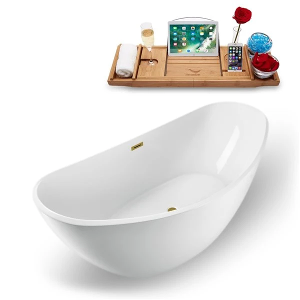 Streamline 35.4-in W X 74.8-in L Brushed Gold/White Acrylic Oval Center Drain Freestanding Bathtub With Tray - Image 3