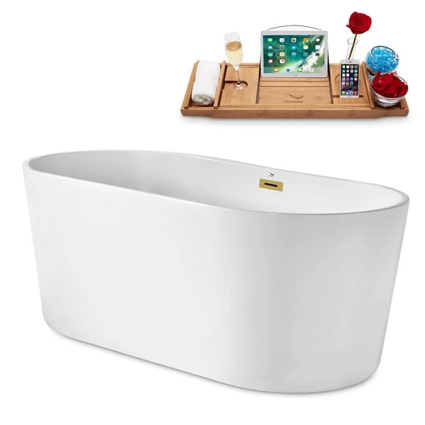 Streamline 29.5-in W X 61.8-in L White/Brushed Gold Acrylic Oval Center Drain Freestanding Bathtub With Tray