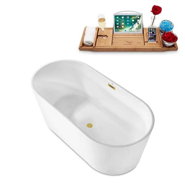 Streamline 29.5-in W X 61.8-in L White/Brushed Gold Acrylic Oval Center Drain Freestanding Bathtub With Tray - Image 3