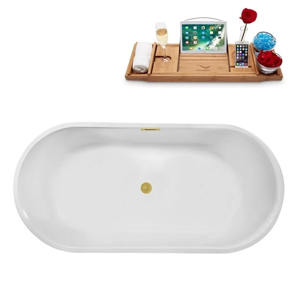 Streamline 29.5-in W X 61.8-in L White/Brushed Gold Acrylic Oval Center Drain Freestanding Bathtub With Tray - Image 5
