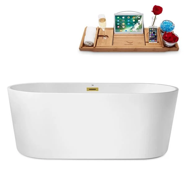 Streamline 29.5-in W X 61.8-in L White/Brushed Gold Acrylic Oval Center Drain Freestanding Bathtub With Tray - Image 4