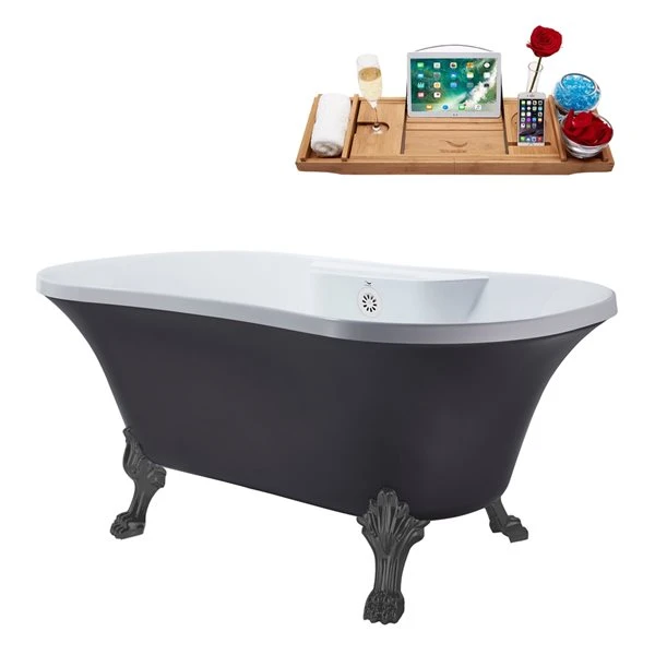 Streamline 32-in W X 60-in L Oval Grey/Glossy White Acrylic Center Drain Clawfoot Bathtub With Tray