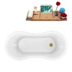 Streamline 30.7-in W X 62.2-in L Oval White/Brushed Gold Acrylic Reversible Drain Clawfoot Bathtub With Tray