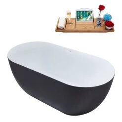 Streamline 28.3-in W X 59.1-in L Grey/Brushed Gold Acrylic Oval Center Drain Freestanding Bathtub With Tray