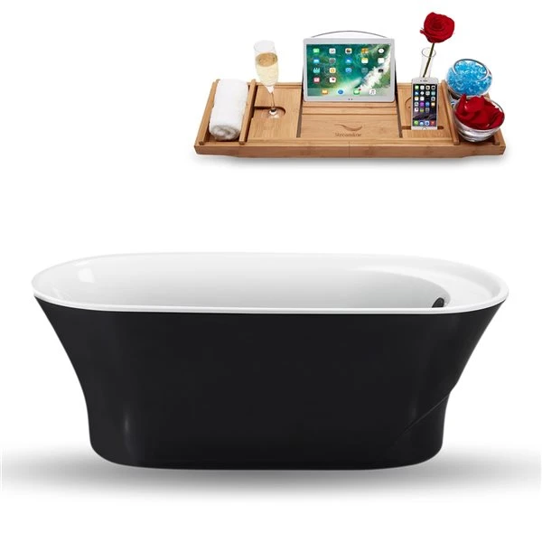 Streamline 28.3-in W X 59.1-in L Black/Brushed Gunmetal Acrylic Oval Reversible Drain Freestanding Bathtub With Tray - Image 3