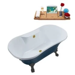Streamline 60-in L X 32-in W Blue/Brushed Gold Acrylic Oval Center Drain Clawfoot Bathtub With Tray