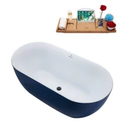 Streamline 28.3-in W X 59.1-in L Brushed Gunmetal/Blue Acrylic Oval Center Drain Freestanding Bathtub With Tray