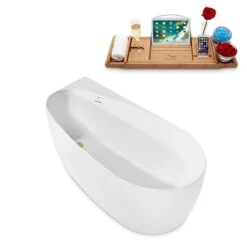 Streamline 28.7-in W X 59.1-in L White/Brushed Gold Acrylic Oval Reversible Drain Freestanding Bathtub With Tray