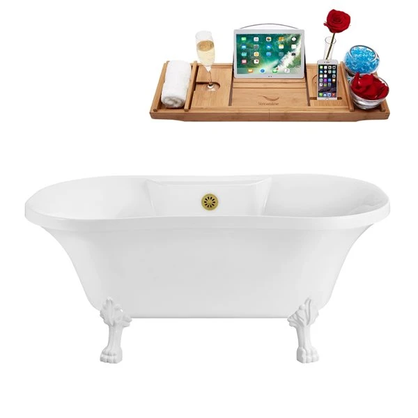Streamline 32-in W X 60-in L Brushed Gold/White Acrylic Oval Center Drain Clawfoot Bathtub With Tray - Image 2